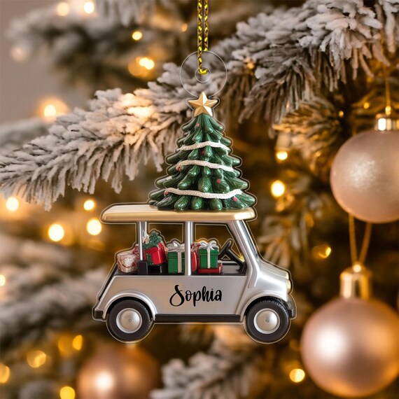 Custom Name Golf Cart Carrying Christmas Tree Gifts Ornament Poster