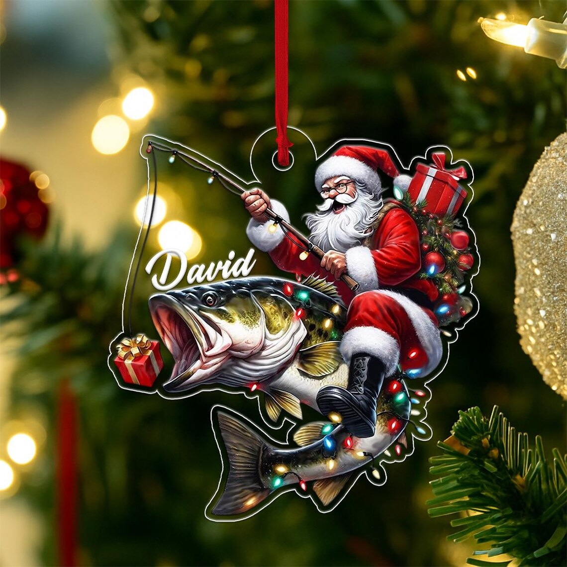 Custom Name Santa Fishing Christmas Ornament Personalized Wall Art