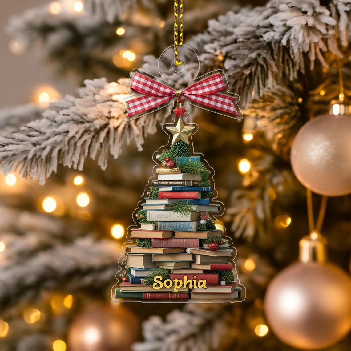 Personalized Book Lover Christmas Ornament Stacked Books Tree Print
