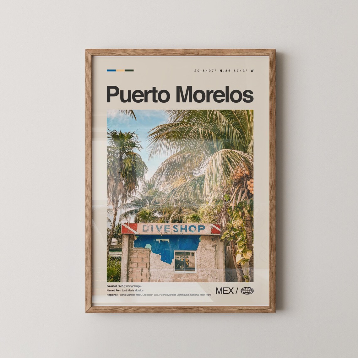 Puerto Morelos Dive Shop Beneath Tall Palms Mexico Travel Poster