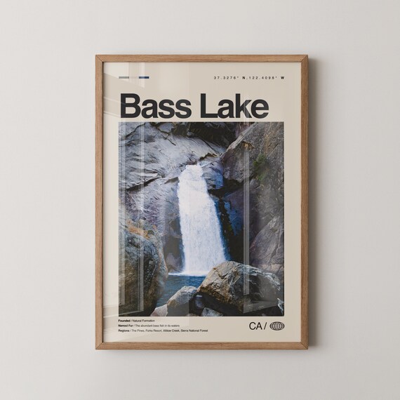 Bass Lake Waterfall Rugged Rocky Cliffs California Nature Poster