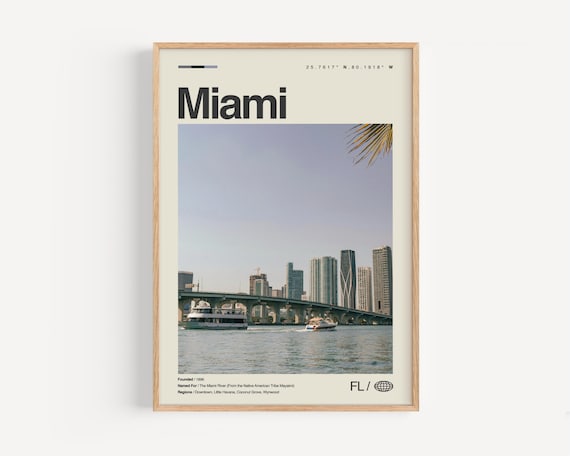 Miami Florida Skyline Waterfront Downtown City Travel Poster