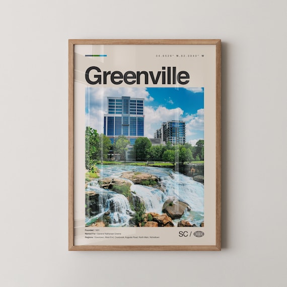 Greenville Print Real Photo Travel Art Poster Mid Century Minimal Wall Map South Carolina