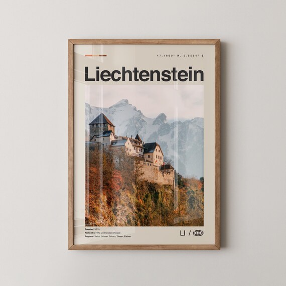 Liechtenstein Modern Travel Poster Vaduz Castle Mountains Photo