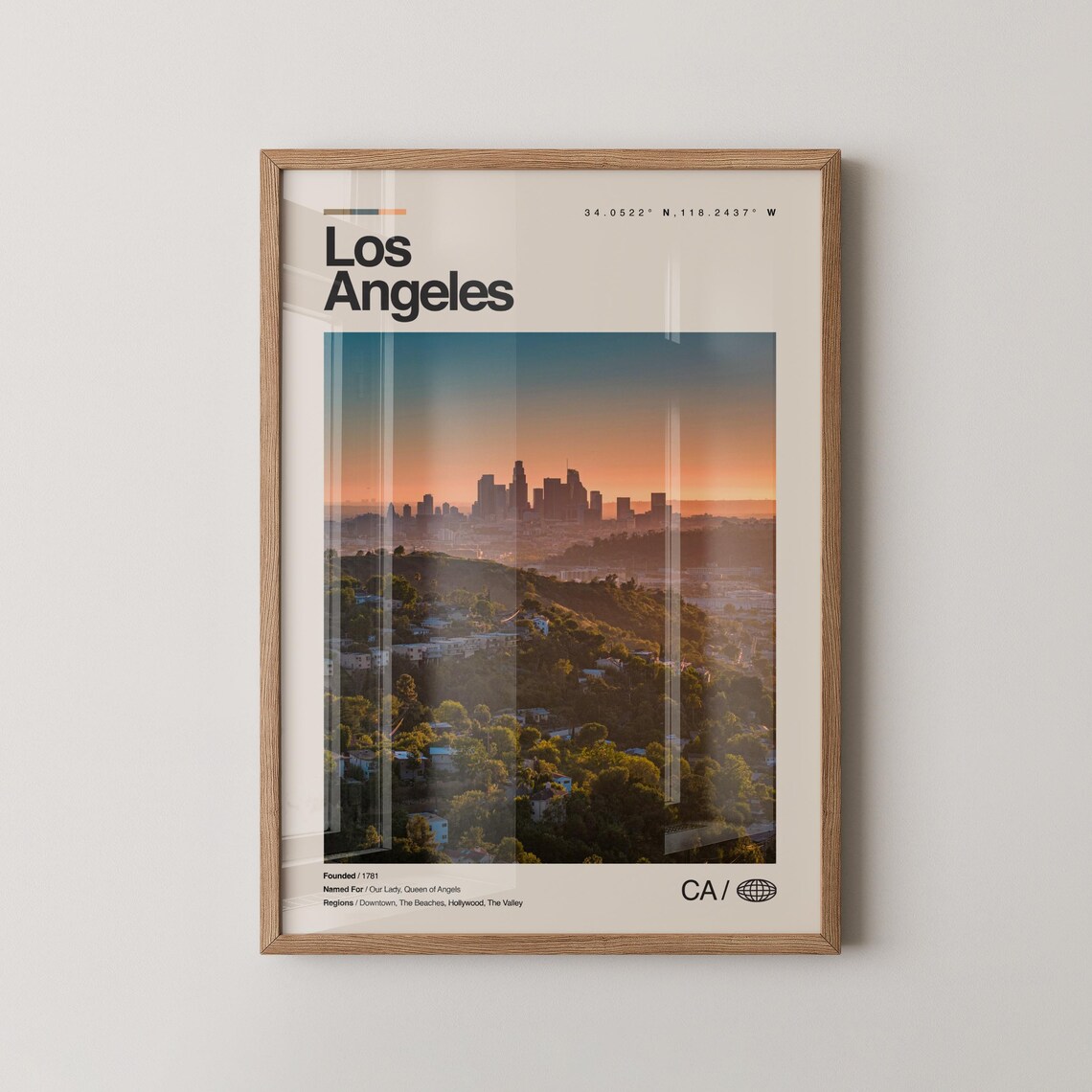 Los Angeles Print Real Photo Travel Art Poster Mid Century Minimal Wall Map