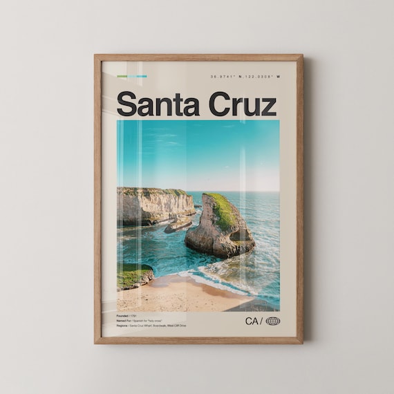 Santa Cruz California Travel Poster Coastal Cliffs Ocean View Decor