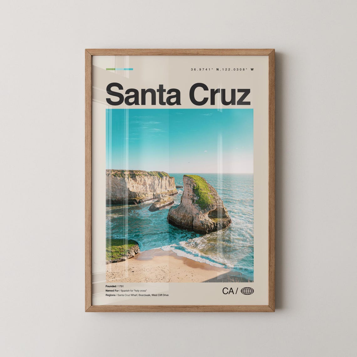 Santa Cruz California Travel Poster Coastal Cliffs Ocean View Decor