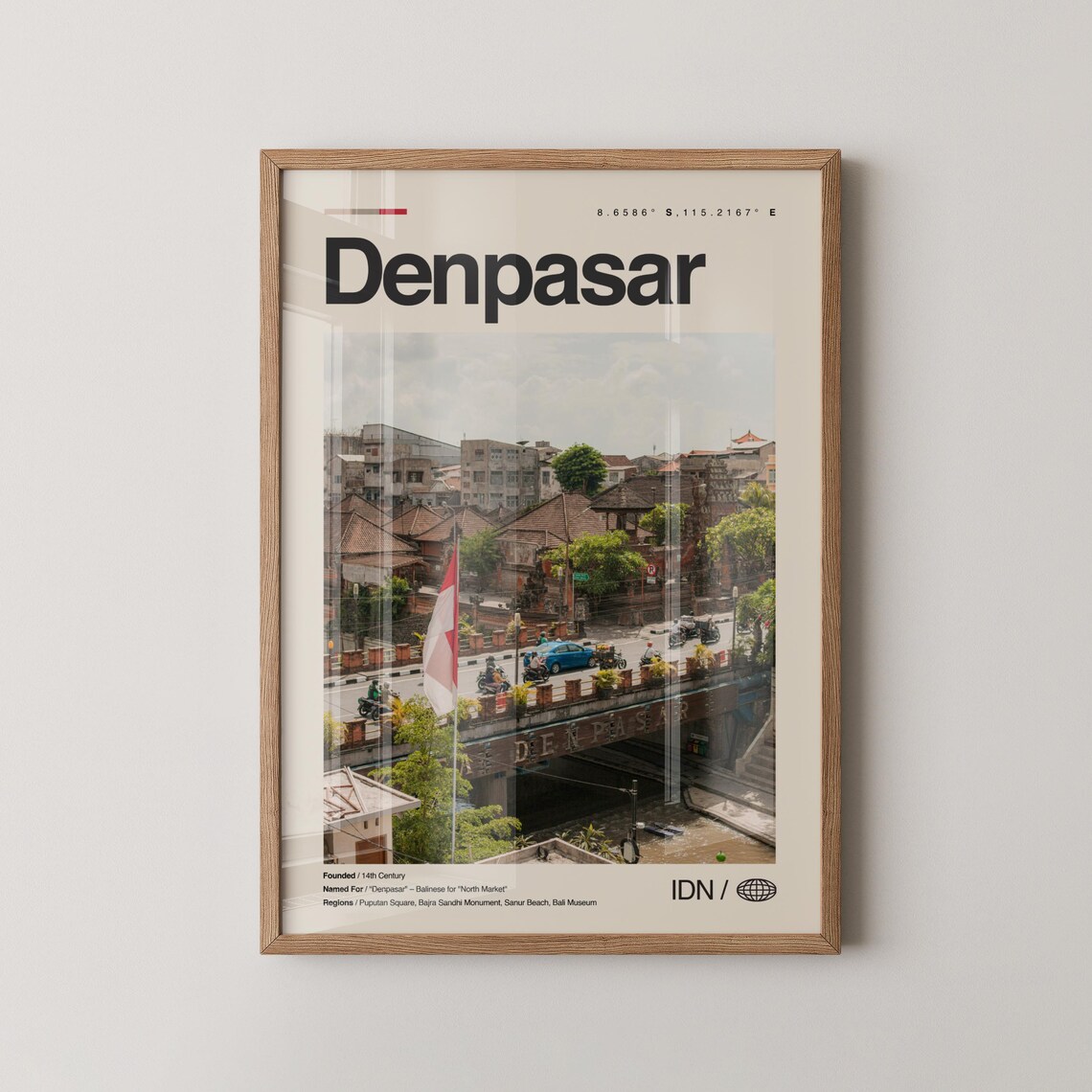 Denpasar Bali Indonesia Retro Travel Poster with Street Photo