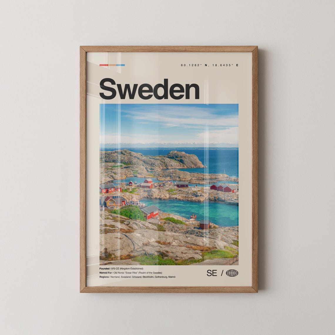 Sweden Travel Poster Rocky Coast Red Cottages Photo with Coordinates