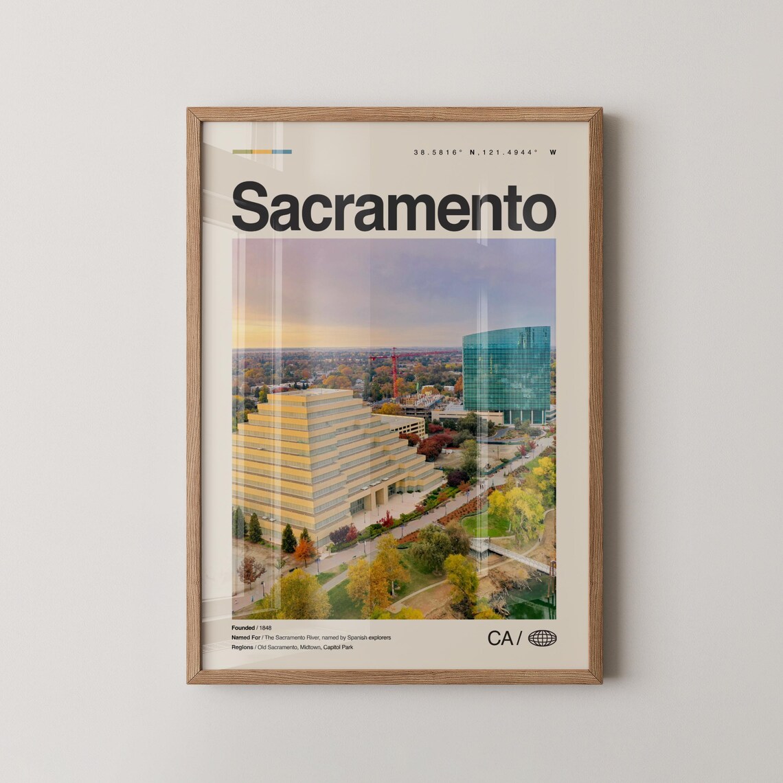 Sacramento California Travel Poster Ziggurat Building Sunset Aerial Photo Art
