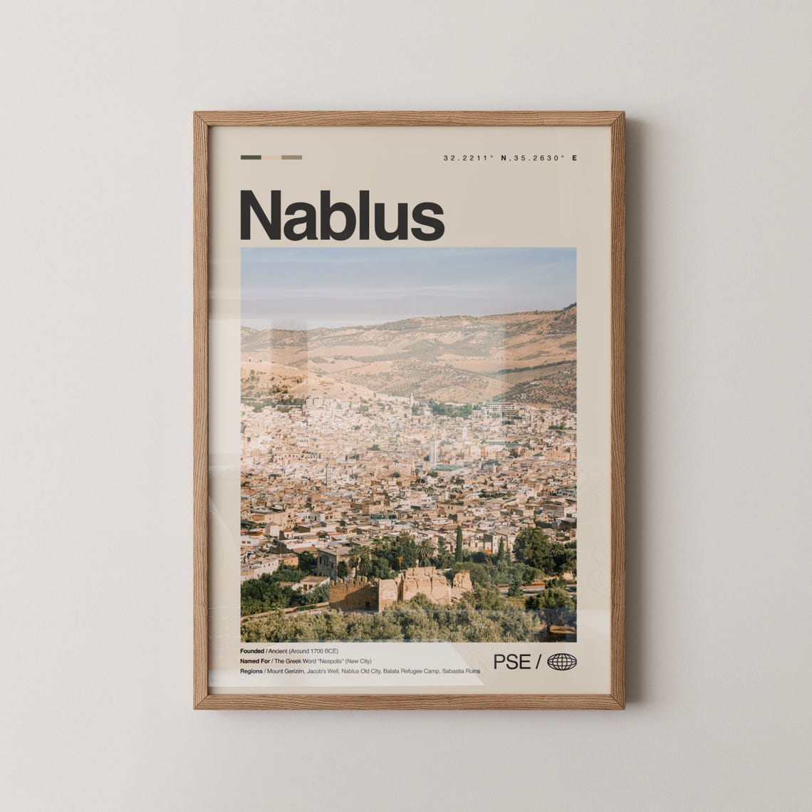 Nablus Old City Hillside Photo Poster with Coordinates and Facts