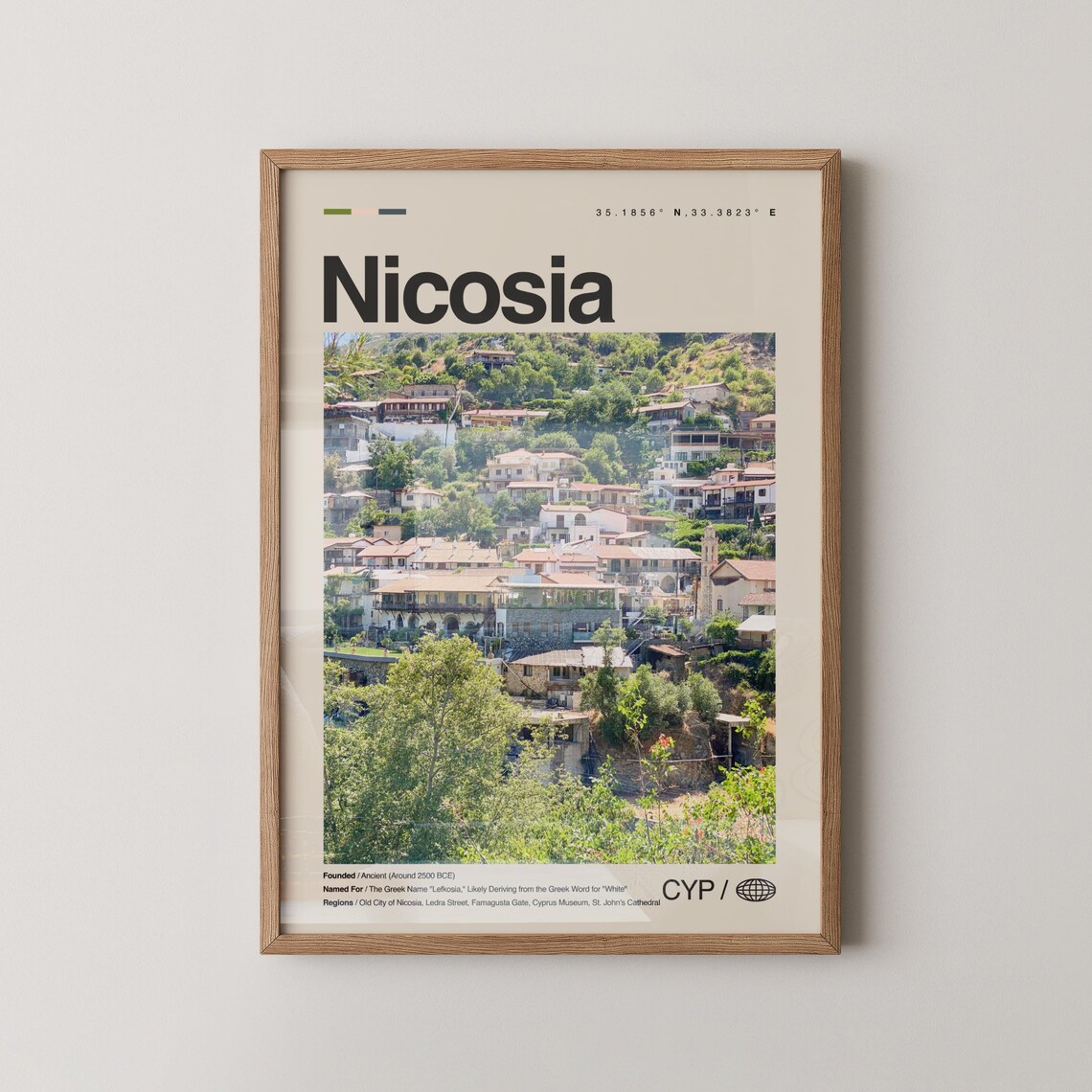 Nicosia Village Travel Poster Cyprus Hillside Photo with Coordinates
