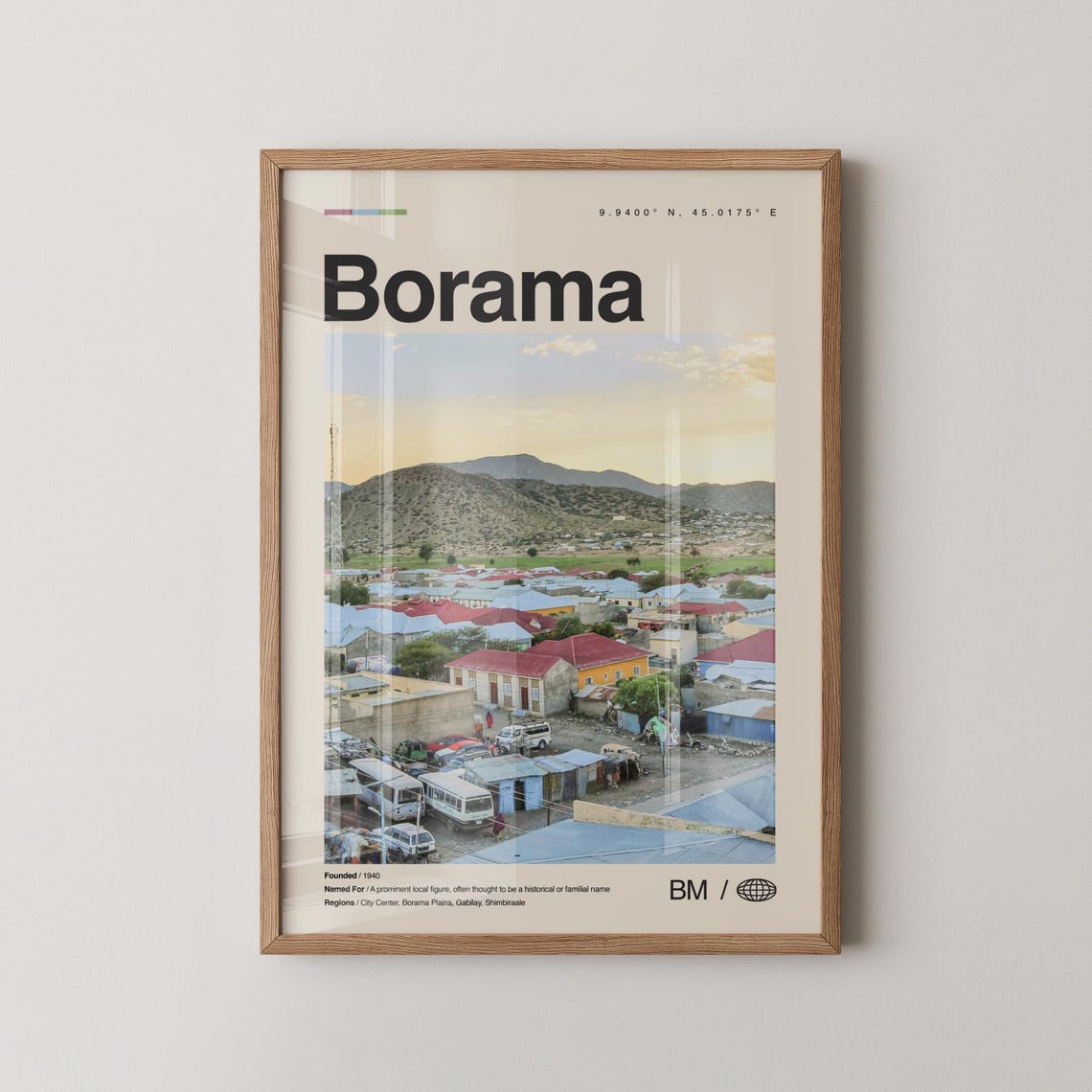 Minimalist Borama Town Photo Travel Poster With Map Coordinates