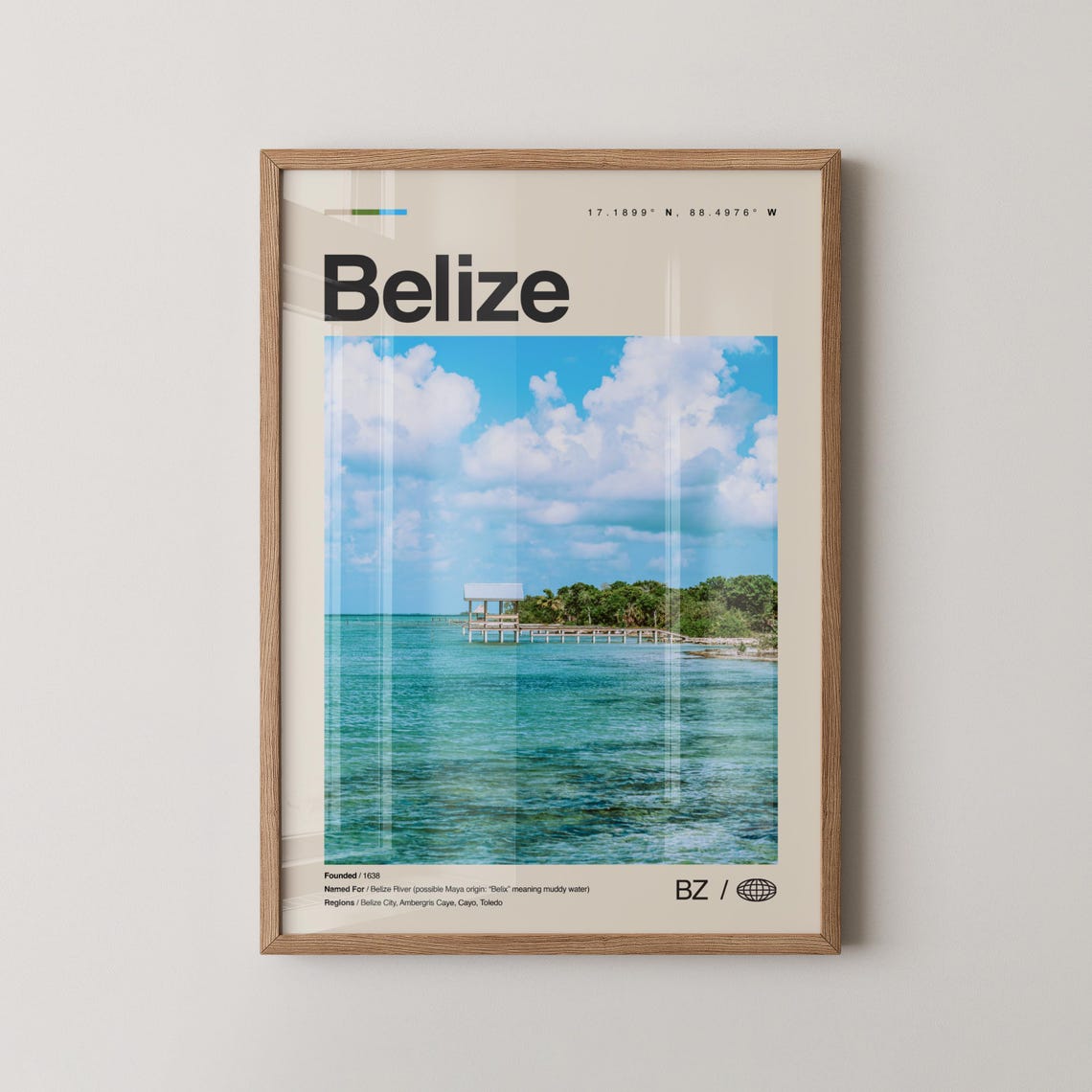 Belize Turquoise Water Pier Coordinates Minimal Travel Wall Poster