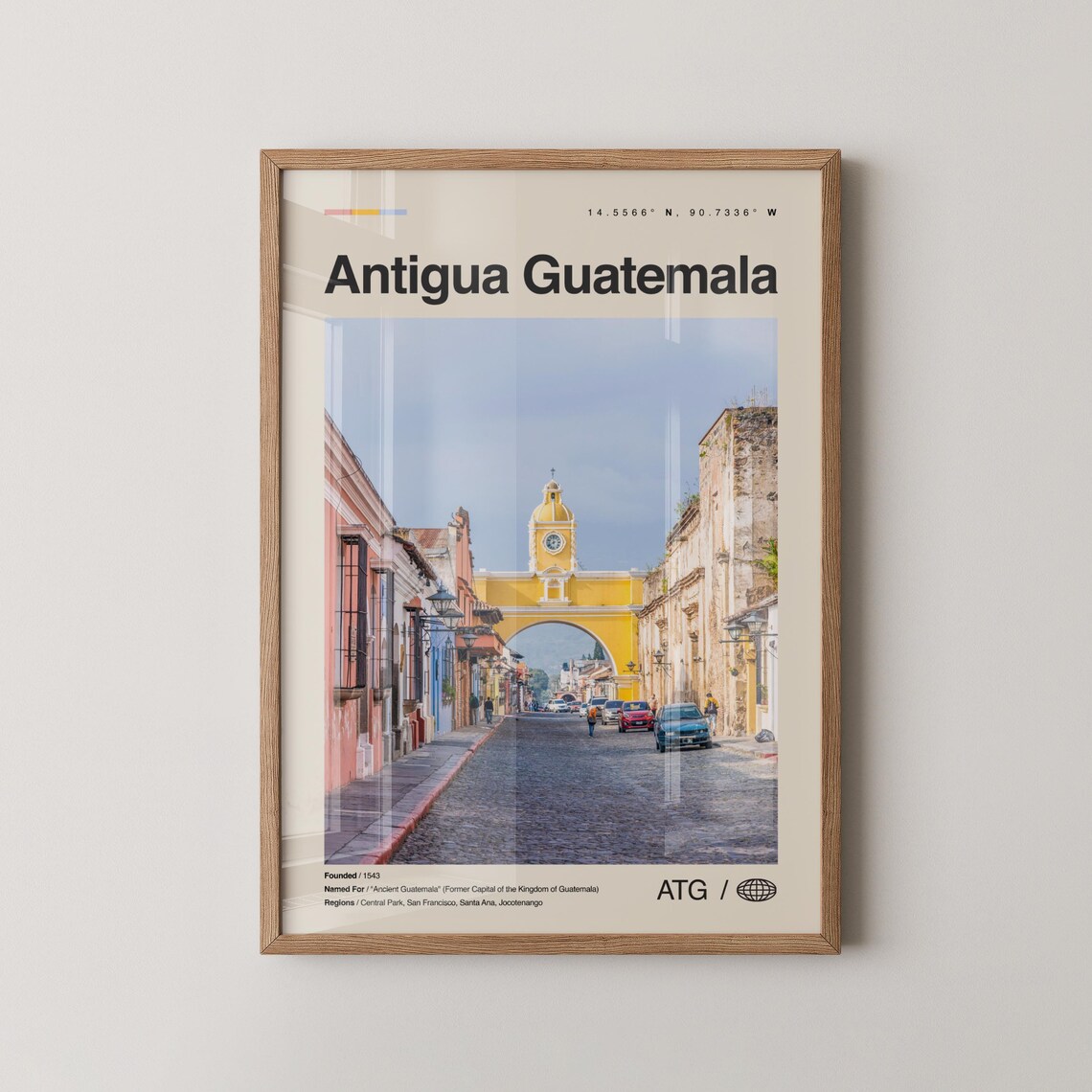 Antigua Guatemala Yellow Arch Colonial Street Coordinates Travel Poster