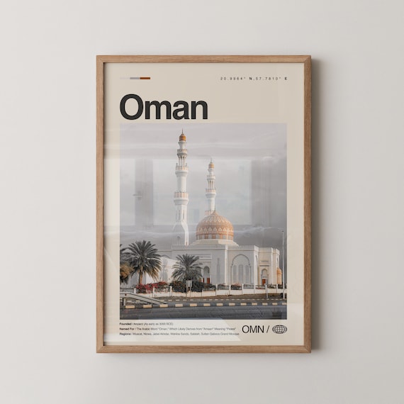 Oman Grand Mosque Travel Poster Twin Minarets Photo with Coordinates