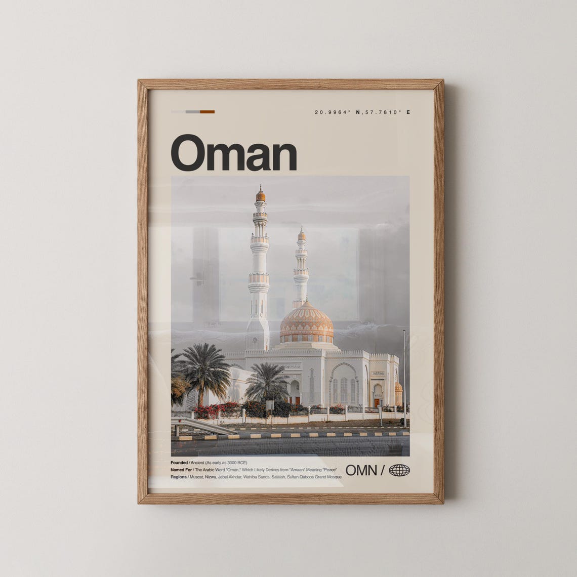 Oman Grand Mosque Travel Poster Twin Minarets Photo with Coordinates