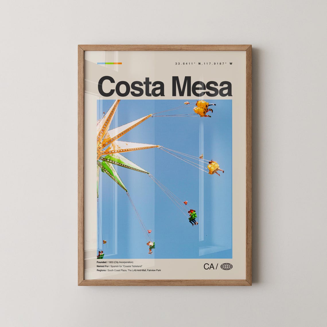 Costa Mesa California Travel Poster Swing Ride Under Blue Sky Scene