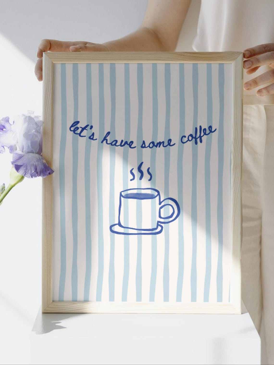 Lets Have Some Coffee Blue Striped Kitchen Typography Wall Art