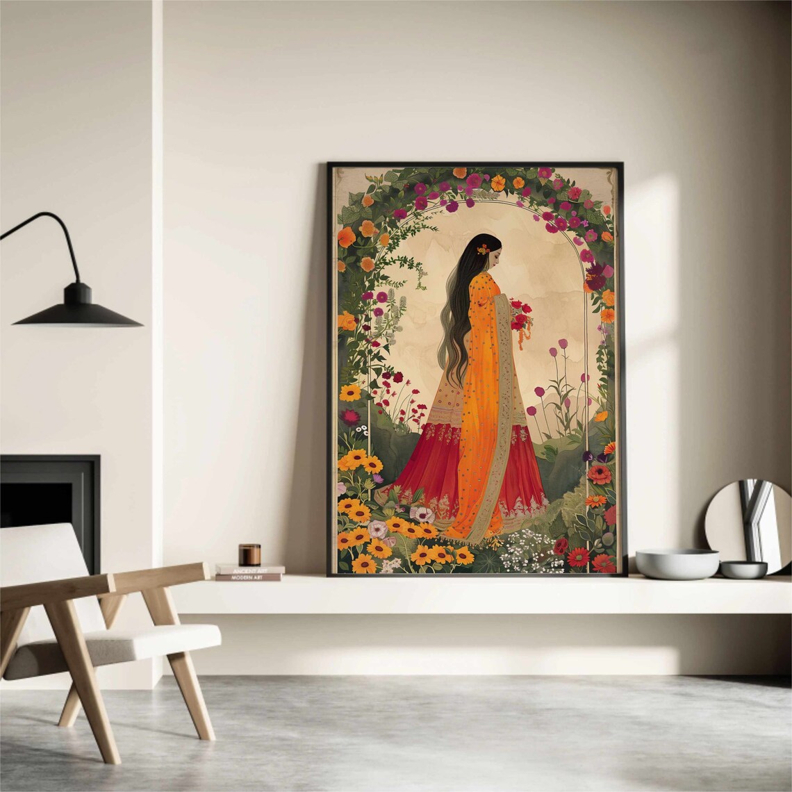 Pichwai Style Indian Woman Orange Sari Floral Arch Folk Wall Art