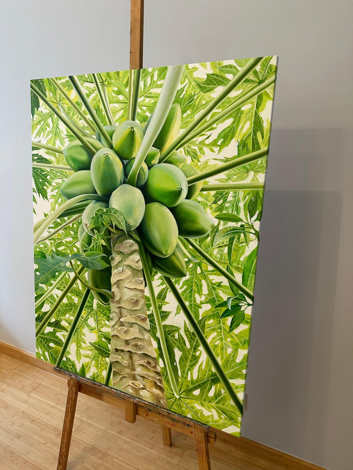 Green Papaya Fruits Tree Top Tropical Jungle Realistic Oil Wall Art - Image 2