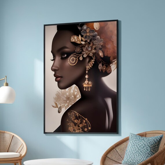 African Woman Gold Jewelry Floral Profile Regal Portrait Artwork Poster