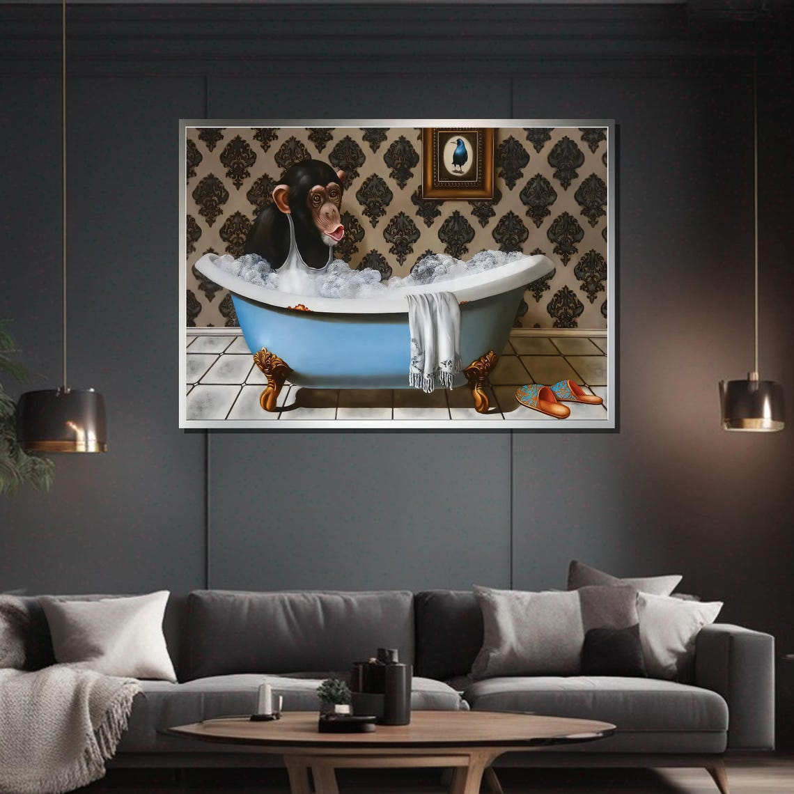Chimpanzee Bathing in Vintage Bubble Bath Bathroom Canvas Wall Art
