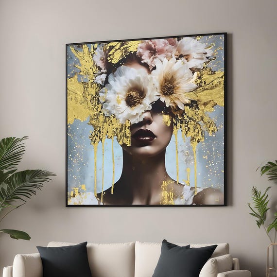 Surreal Floral Woman With Gold Accents Canvas Print Abstract Fashion Art Elegant Modern Wall Decor For Glamorous Or Contemporary Spaces