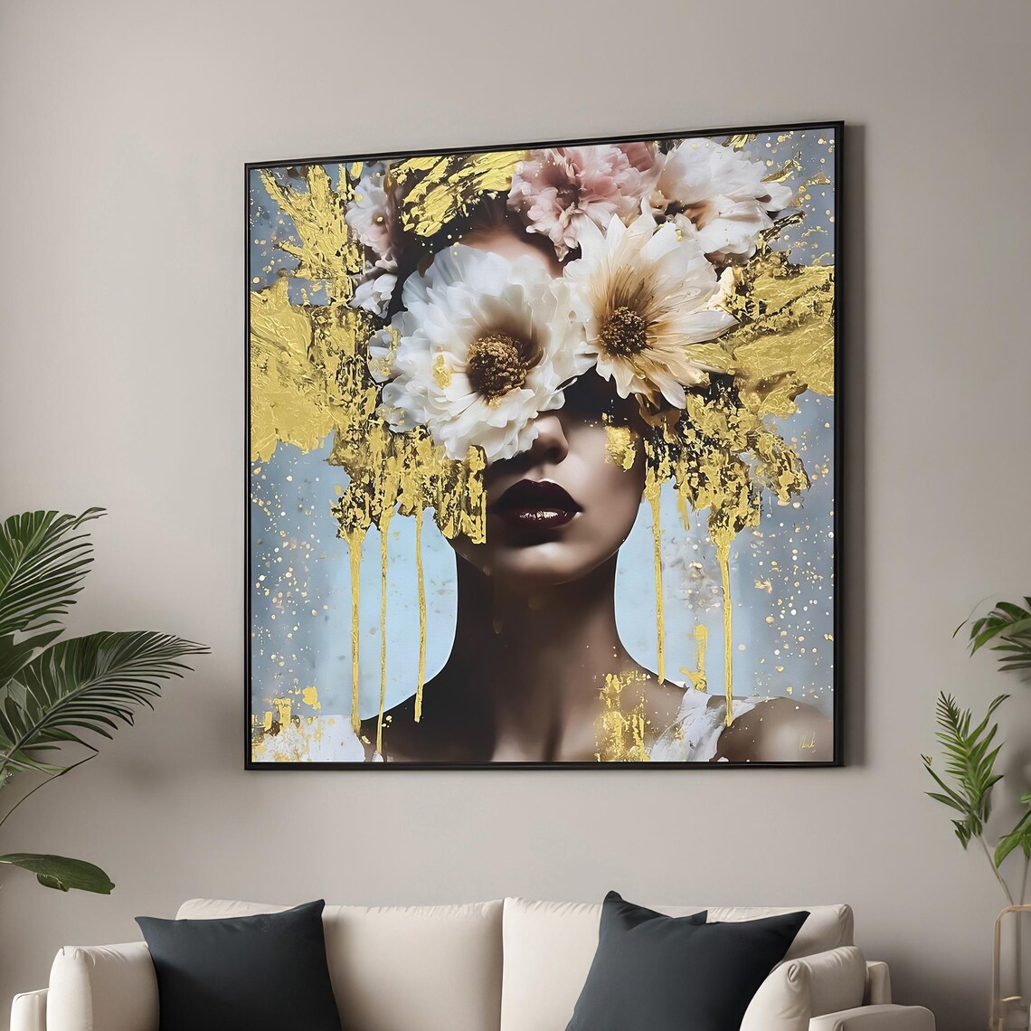Surreal Floral Woman Gold Accents Fashion Abstract Art Poster