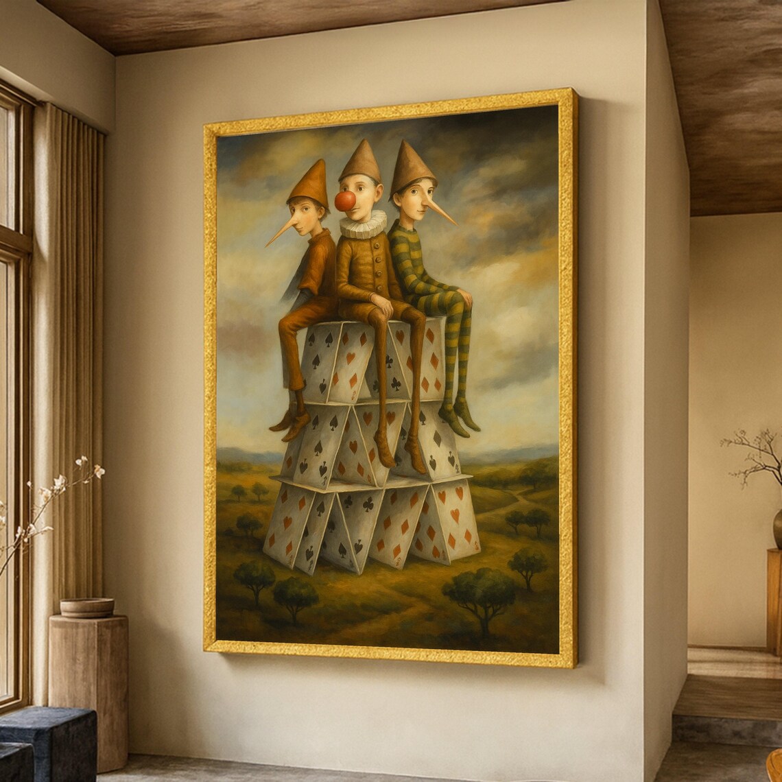 Surreal Clowns Atop Tower Of Playing Cards Fantasy Circus Oil Style Poster