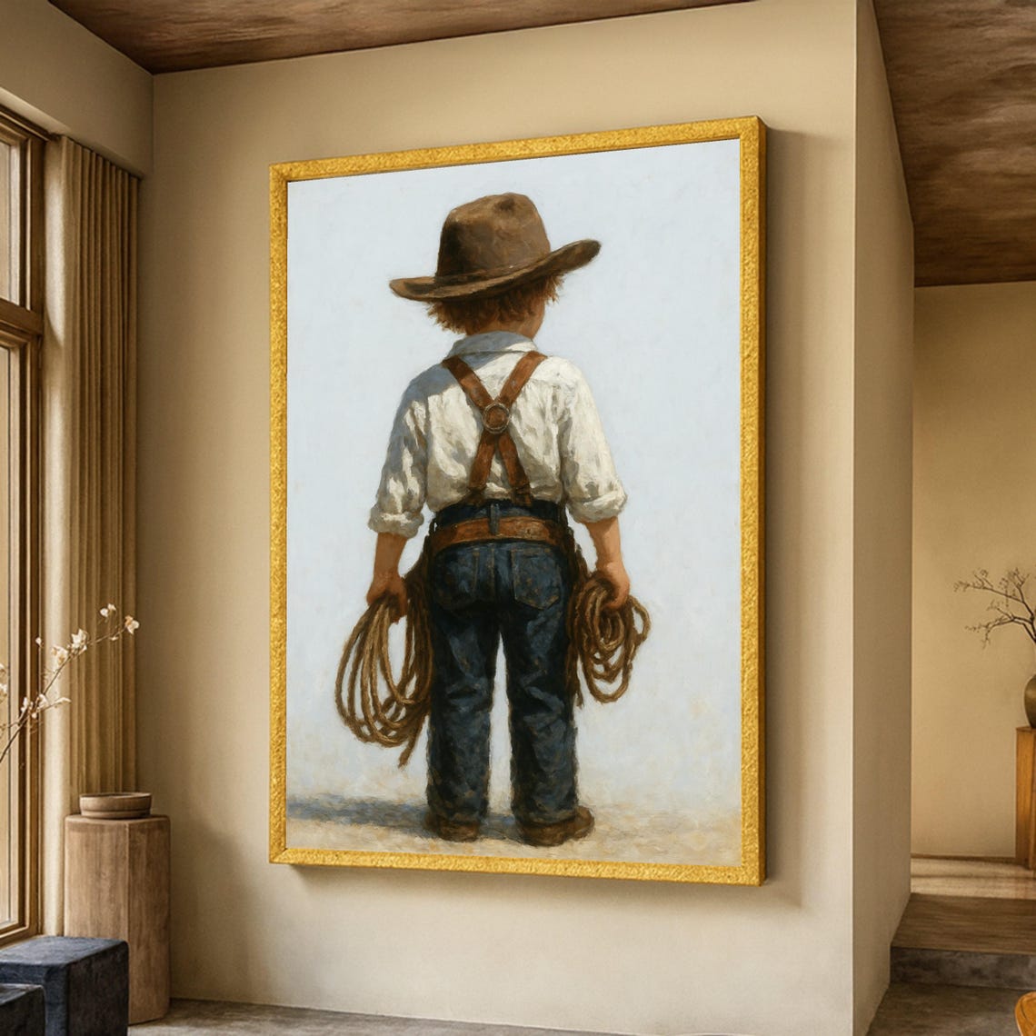 Rustic Cowboy Boy From Behind Hat And Lasso Western Style Poster