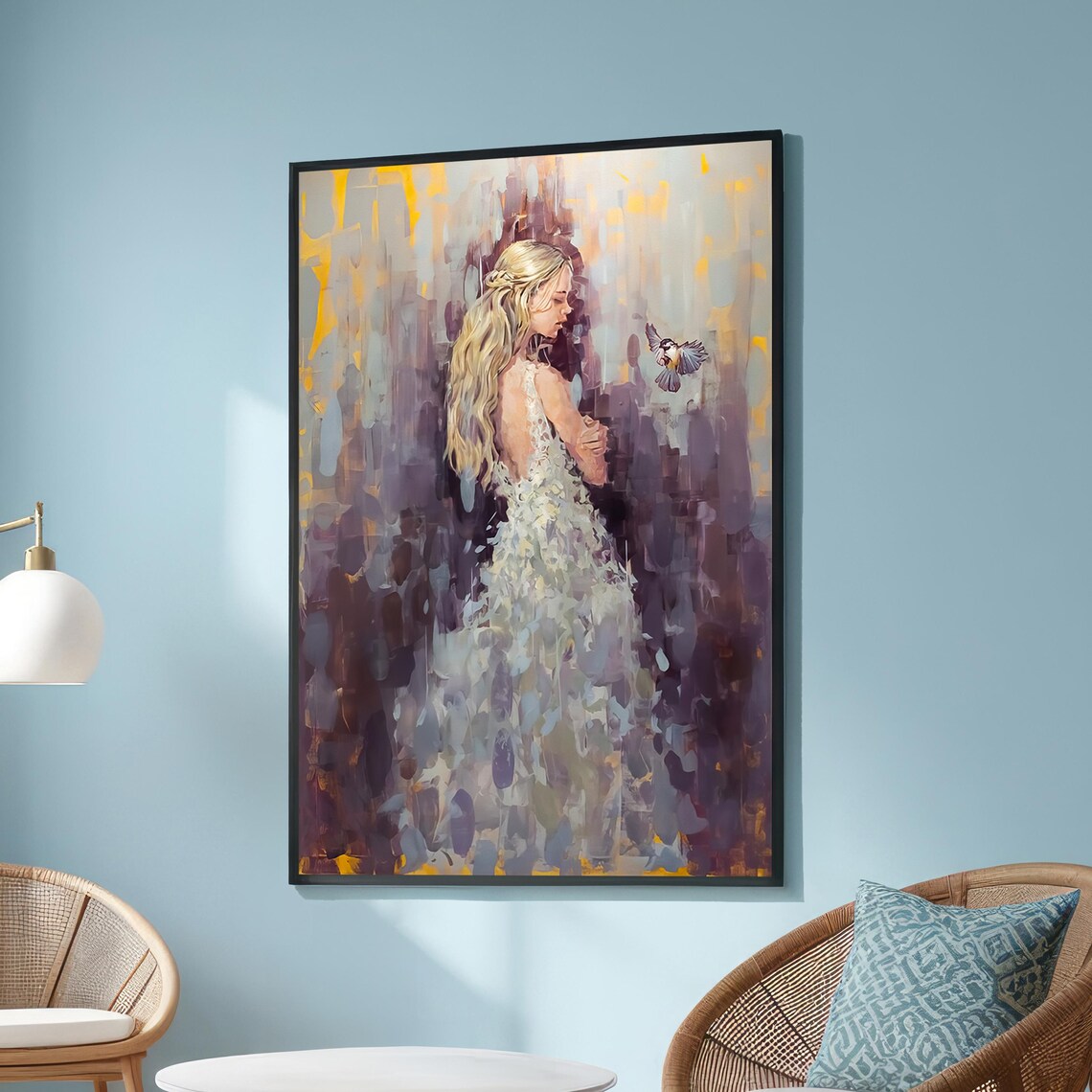 Woman And Bird Impressionist Painting, Dreamy Artwork