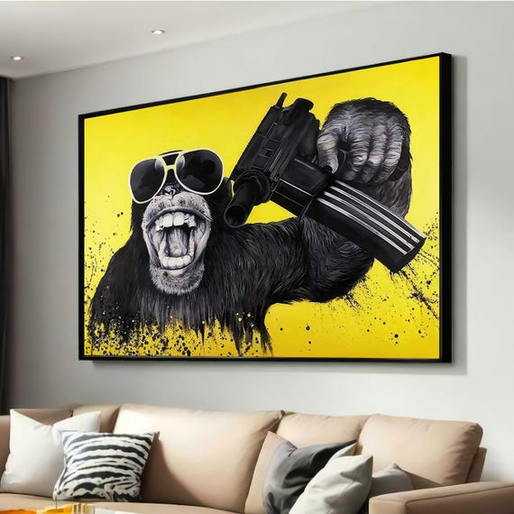 Rebellious Chimpanzee Canvas Print Bold Street Art Inspired Pop Fun And Edgy Monkey With Gun Sunglasses For Modern Wall Decor