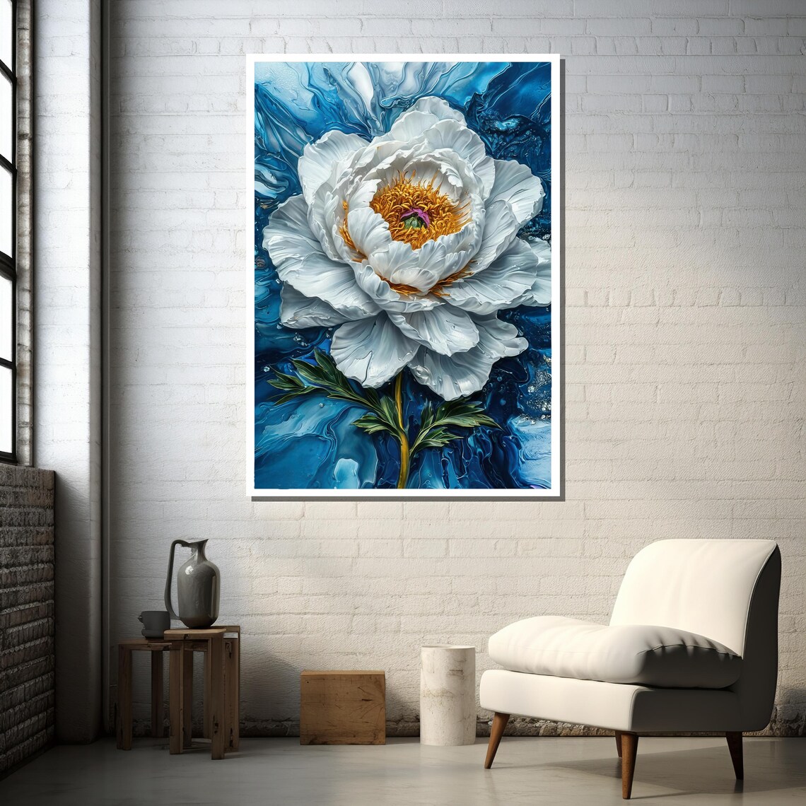 White Peony Print, Modern Botanical Wall Decor - Image 5