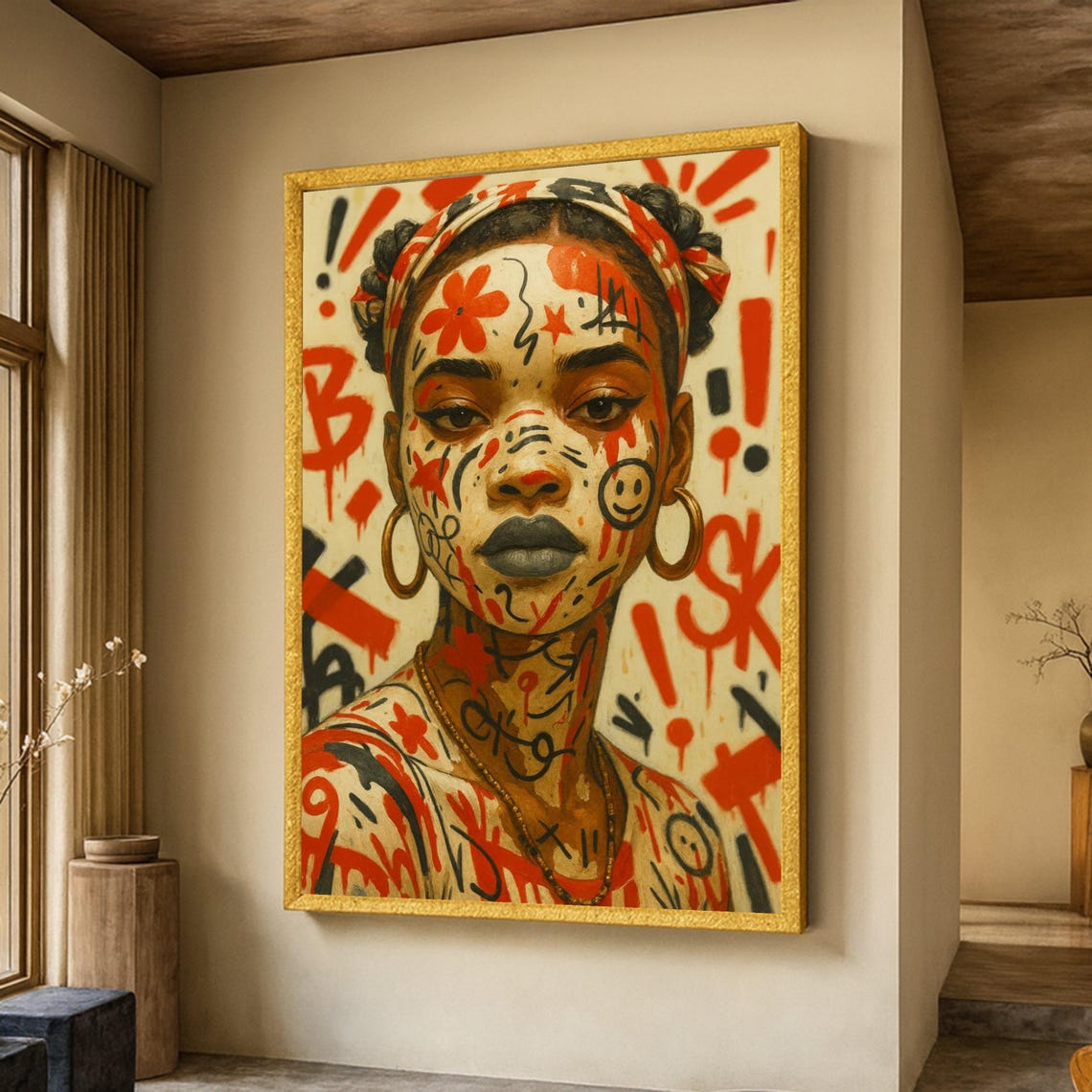 Urban Graffiti Portrait Woman Red Face Paint Bold Art Poster