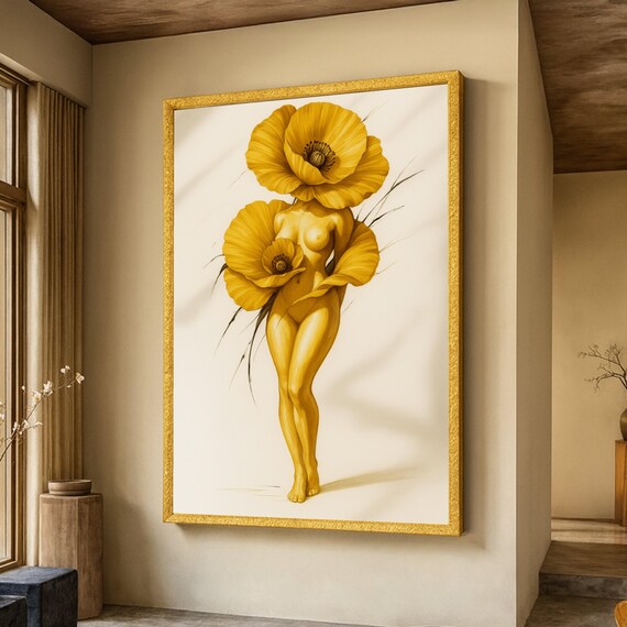Golden Flower Woman with Yellow Poppies Botanical Art Poster for Walls