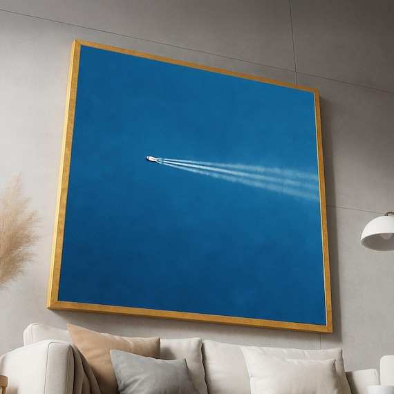 Minimalist Blue Ocean Canvas Aerial Boat View Wall Art Nautical Decor Modern Sea Landscape Coastal Home Decoration