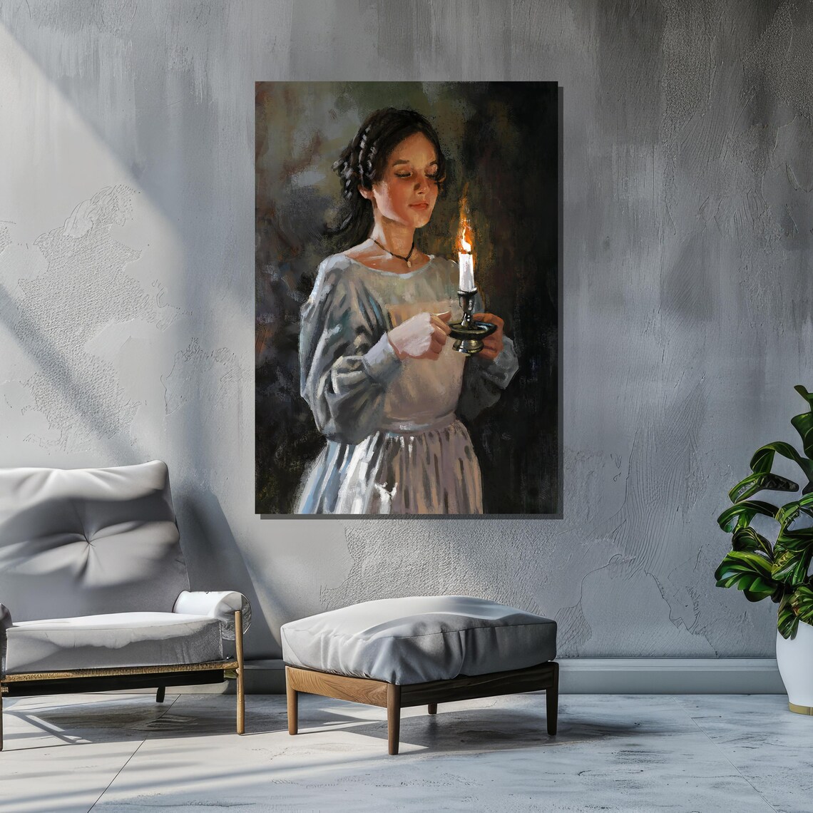 Young Woman Holding Candle, Realistic Impressionist Art - Image 2