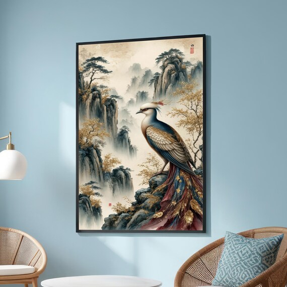 Oriental Phoenix Bird Wall Art Chinese Style Brush Painting Canvas Golden Feathers Decorative Nature Print Asian Zen Decor