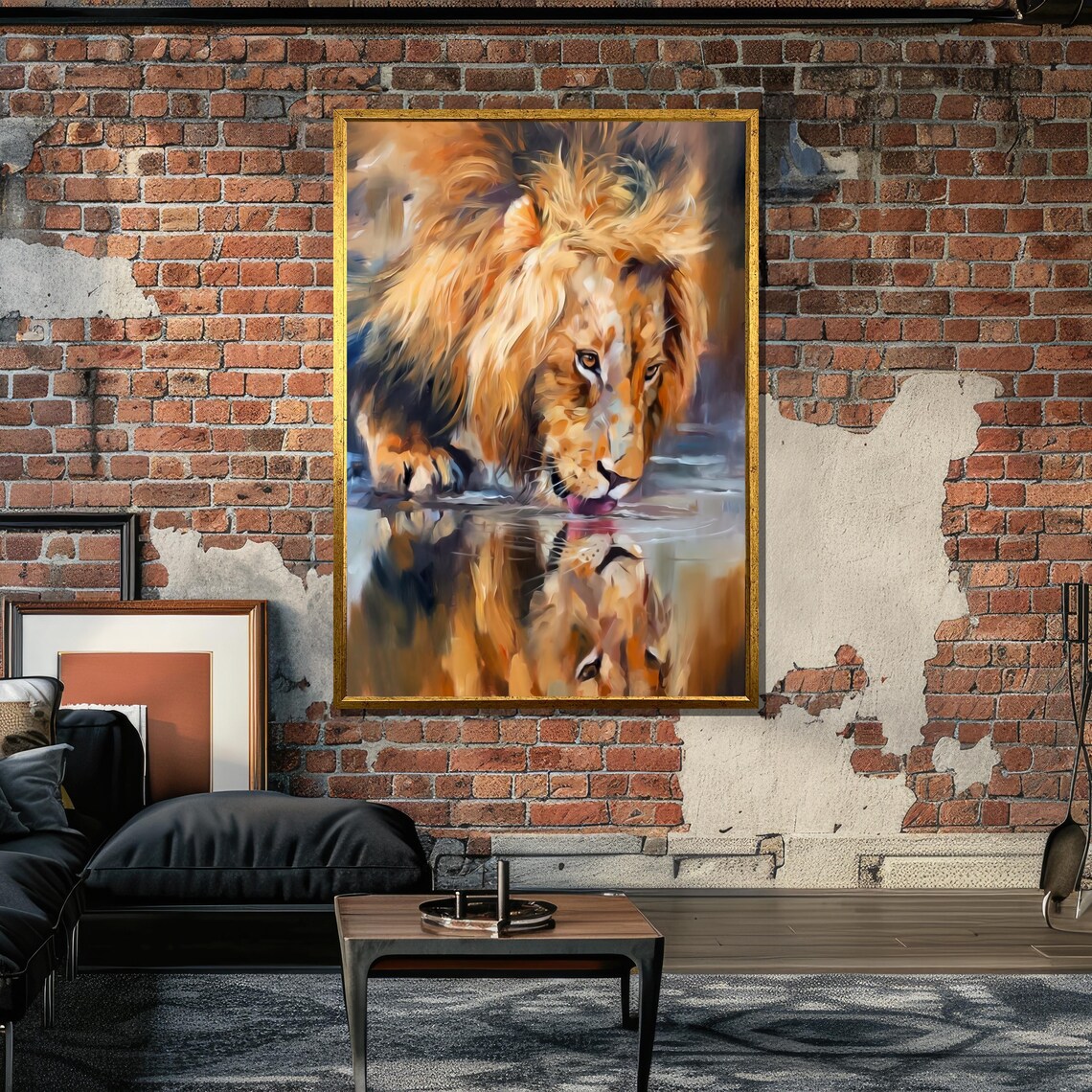 Majestic Lion Drinking Water, Realistic Animal Art Print - Image 5