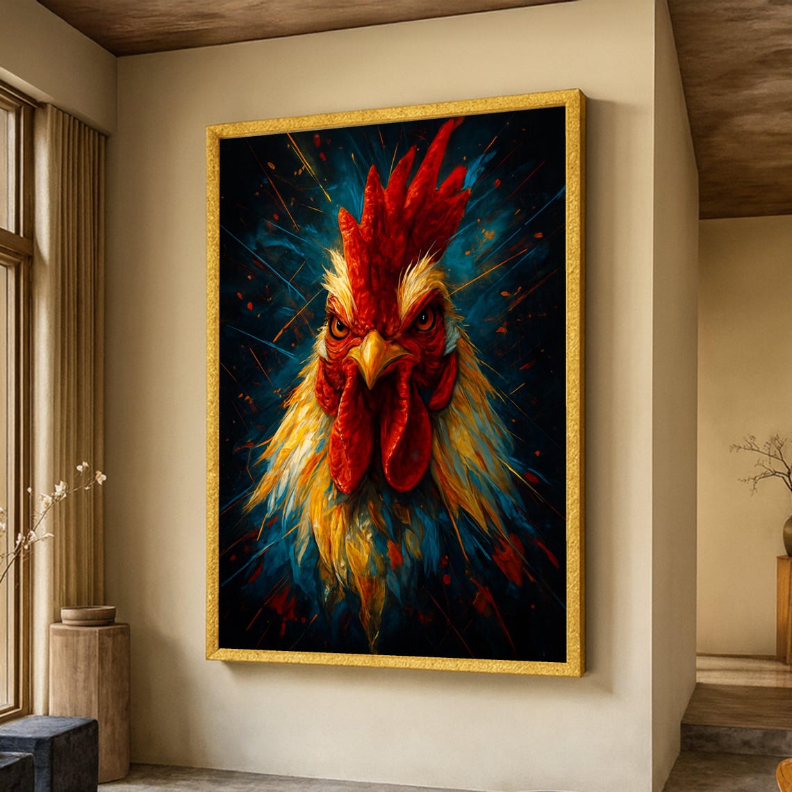 Fierce Intense Rooster Portrait Bold Dramatic Animal Canvas Poster