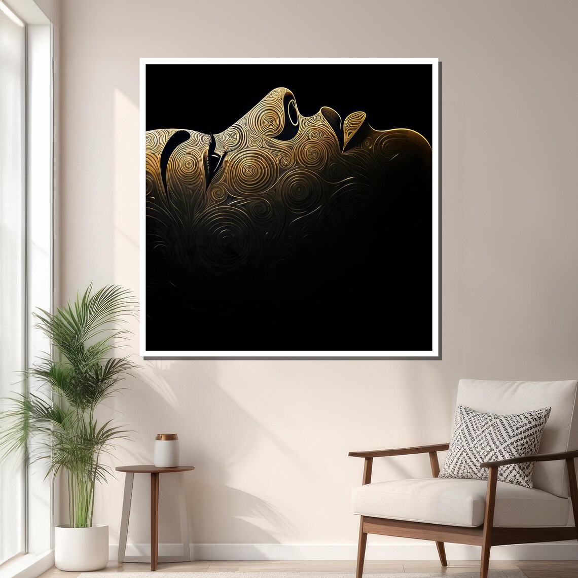 Abstract Face With Spiraling Golden Patterns, Minimalist Art - Image 3