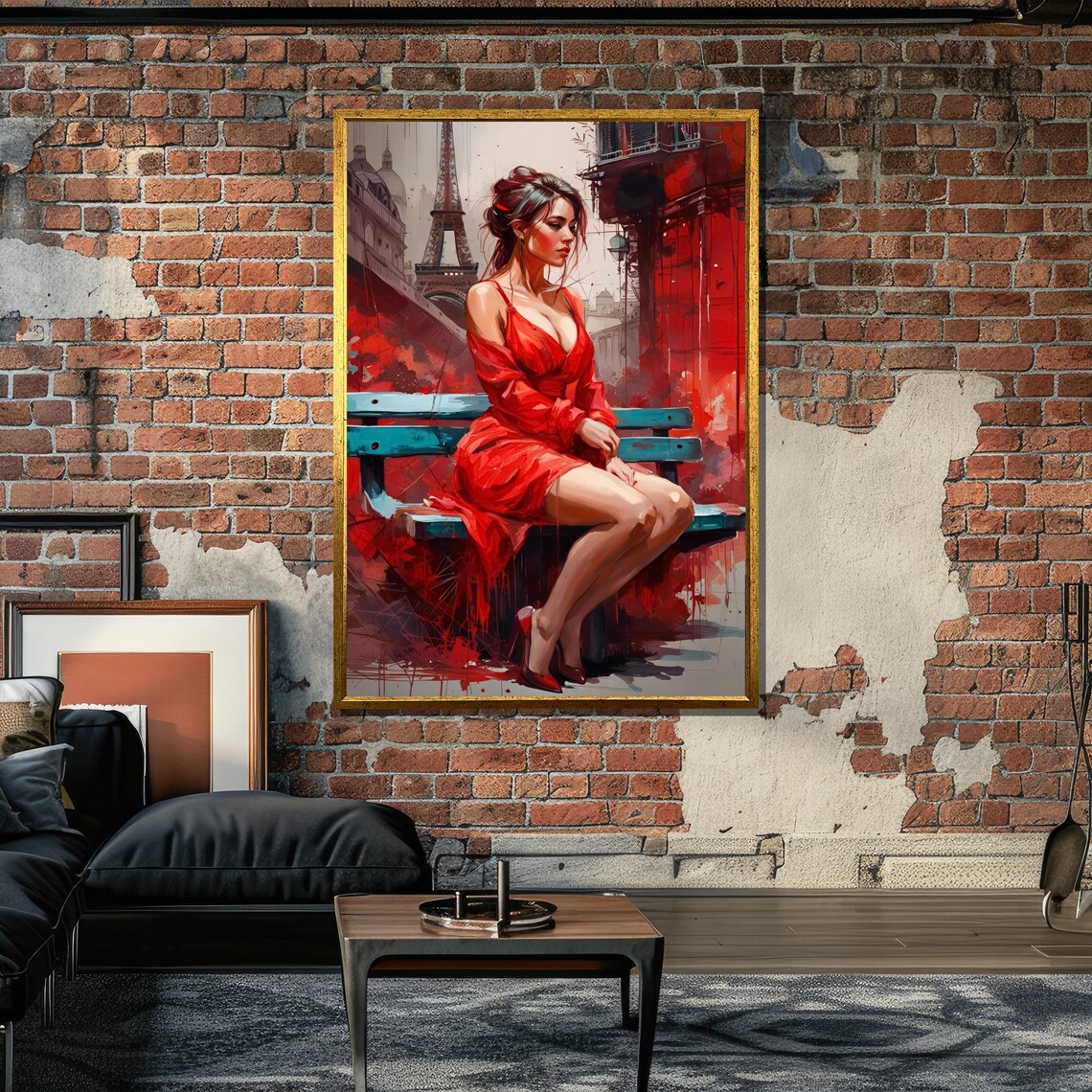 Romantic Woman In Red Dress, Parisian Art - Image 6