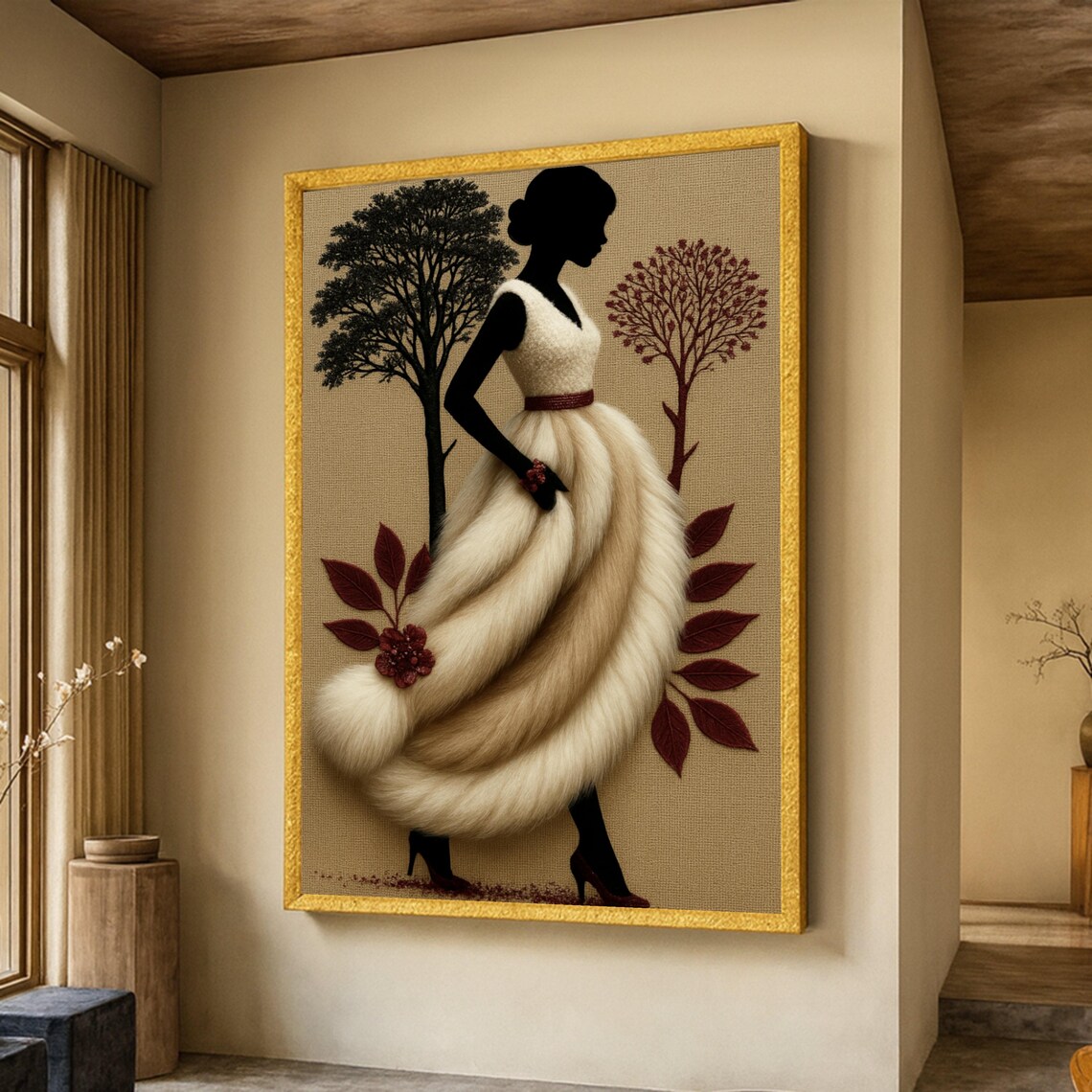 Elegant Silhouette Woman In Fur Dress, Vintage Fashion Art