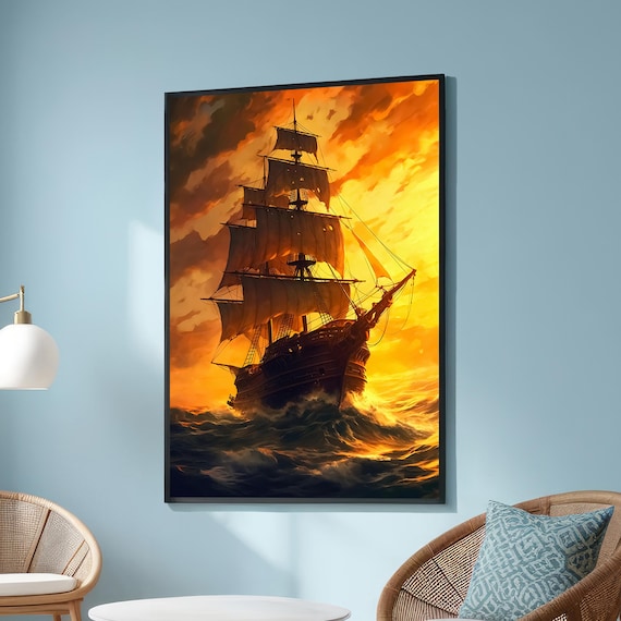 Tall Sailing Ship Sunset Ocean Waves Dramatic Nautical Poster