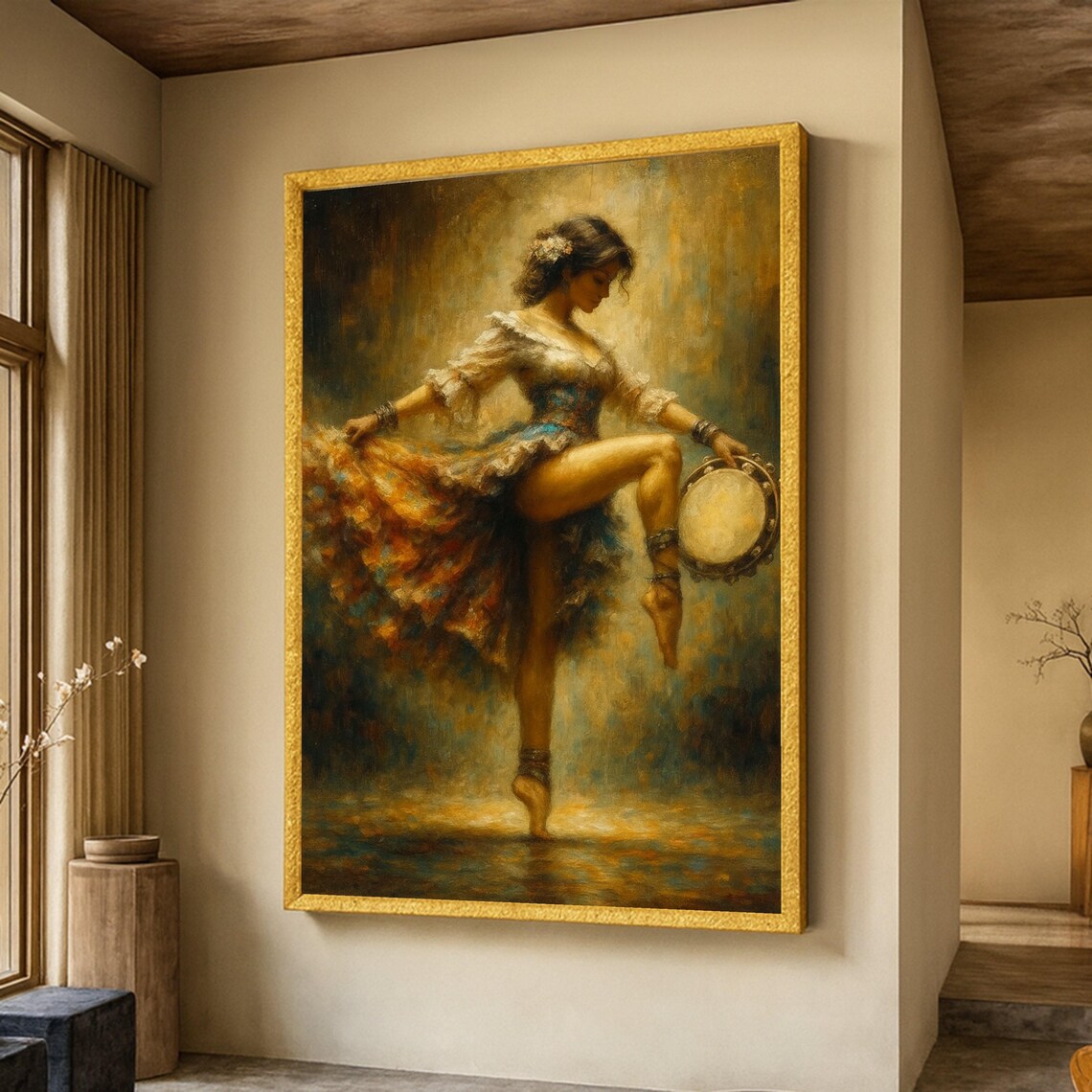 Passionate Flamenco Tambourine Dancer Oil Painting Art Poster