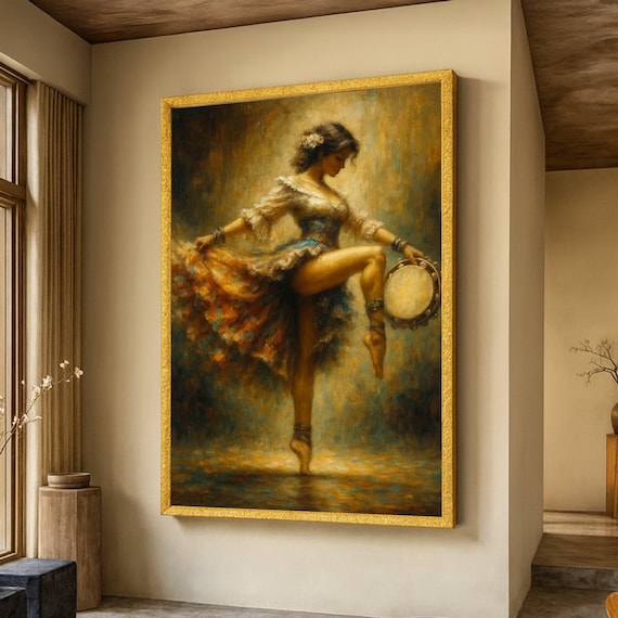 Flamenco Dancer With Tambourine Canvas Spanish Dance Art Elegant Ballet Pose Wall Vintage Style Home Decor Ready To Hang