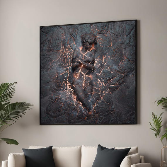 Abstract Surrealist Figure In Molten Rock Canvas Print Sculptural Art With Fiery Glow Dark Modern Wall For Contemporary Decor