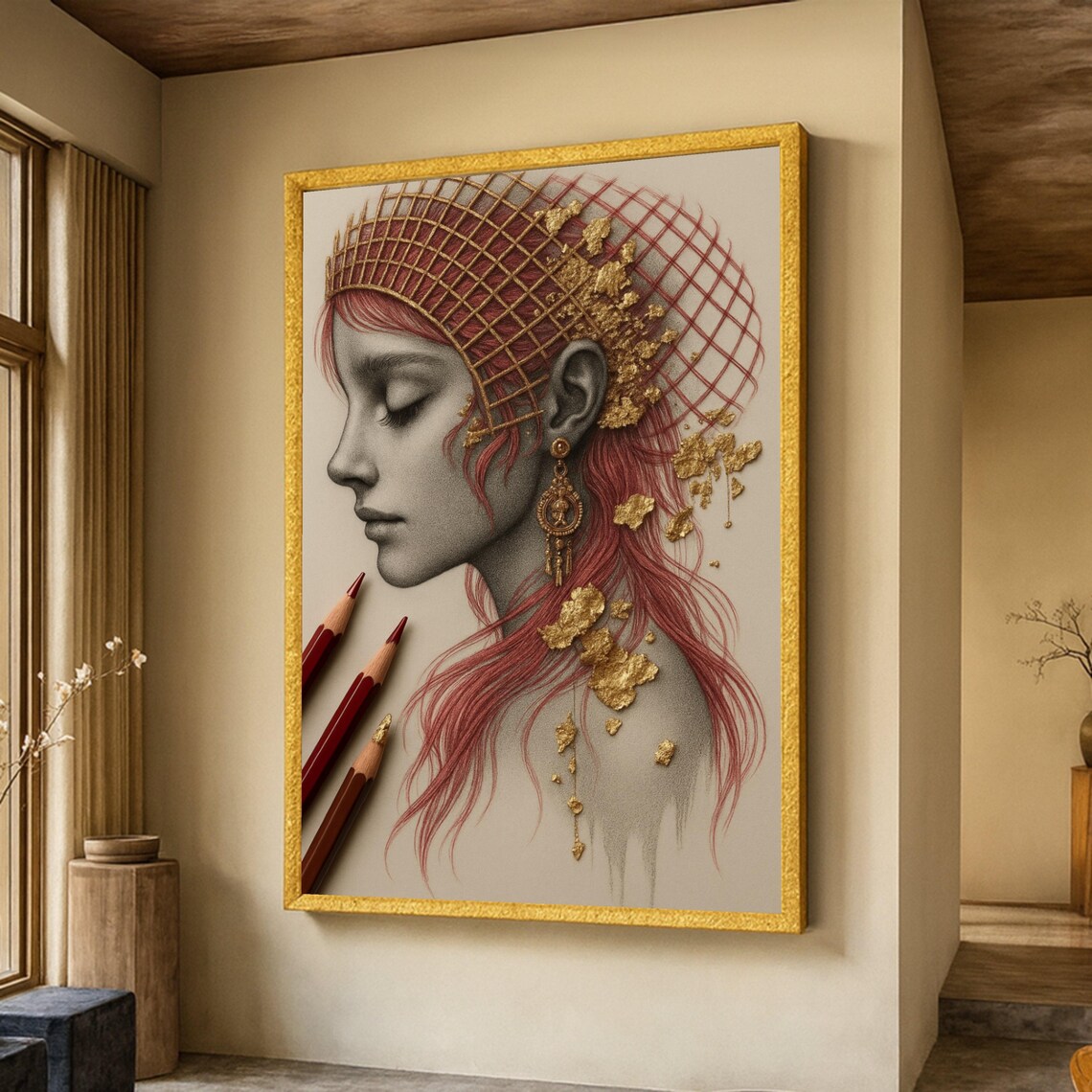 Elegant Portrait Of Woman With Gold Leaf Red Hair, Art Print