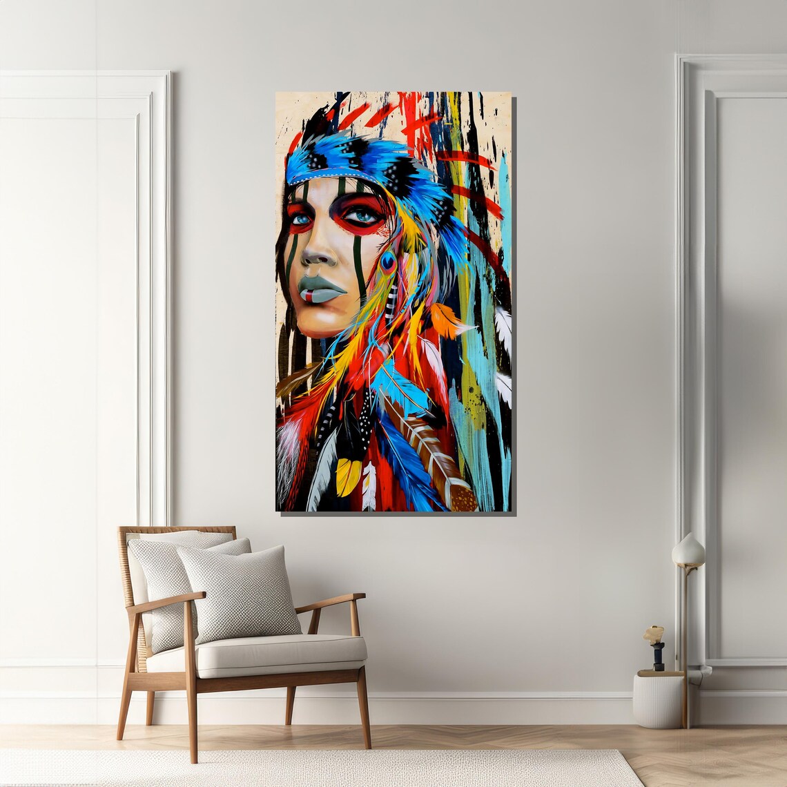 Bold Tribal Woman With Feather Headdress, Modern Art - Image 2